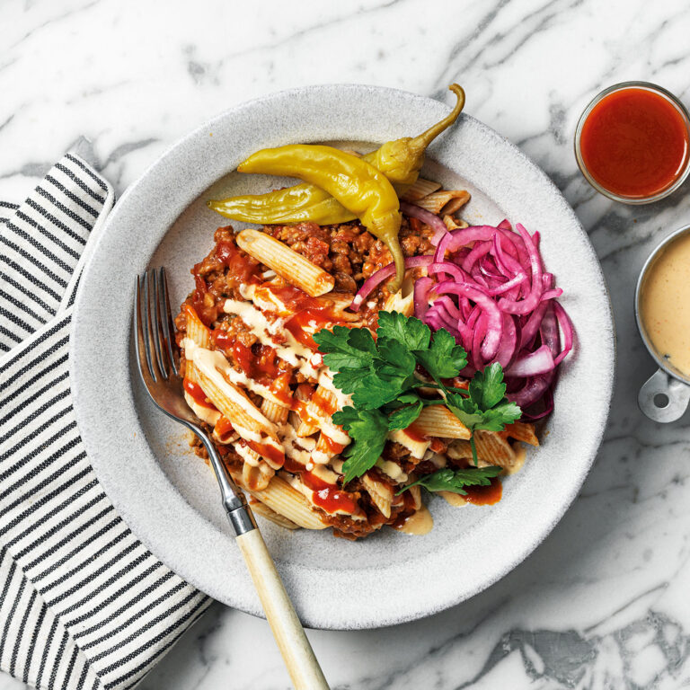 tänk dig vegetarisk kebab fast som en kryddig pastarätt