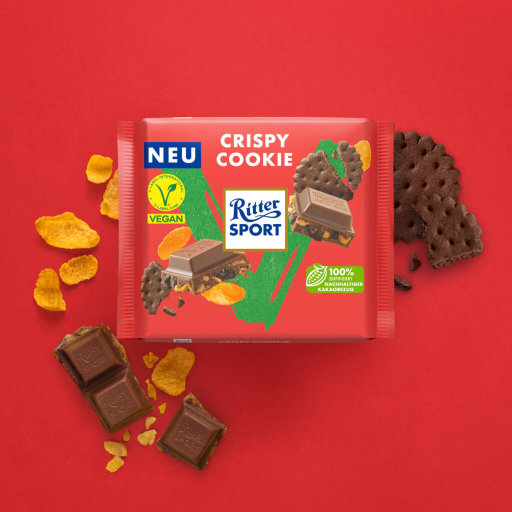 Ritter Sport har lanserat veganska Crispy Cookie Choklad. Med en krämig kakaobas och krispiga kexbitar är den nya chokladkakan drömsk god.