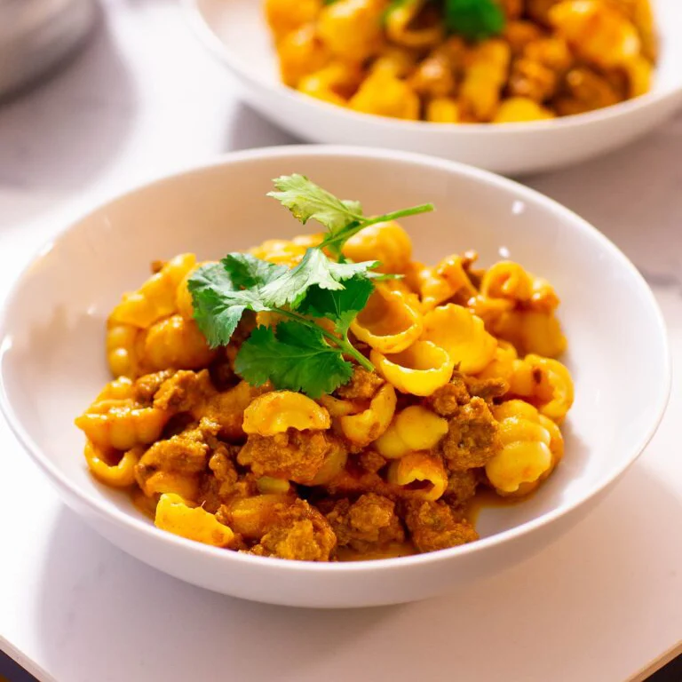 indisk bolognese. Färssås med pasta och indiska kryddor.